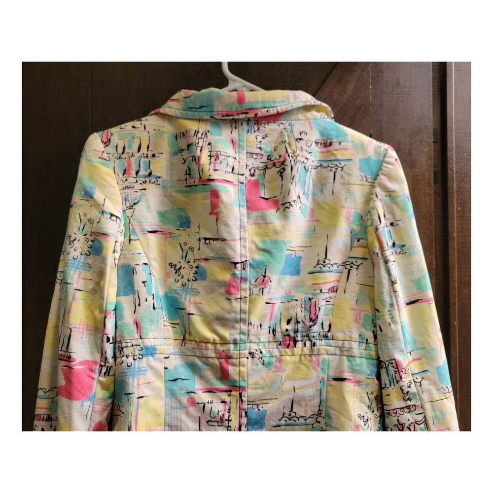i.e. Womens Abstract Cityscape Print Cotton Trench Coat Pastel Double Breasted S - Picture 9 of 12